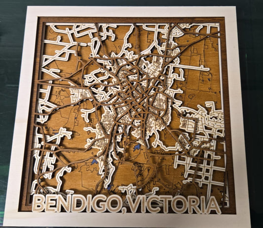 🗺️ Laser-Cut Layered Map Art – Bendigo Edition 💛